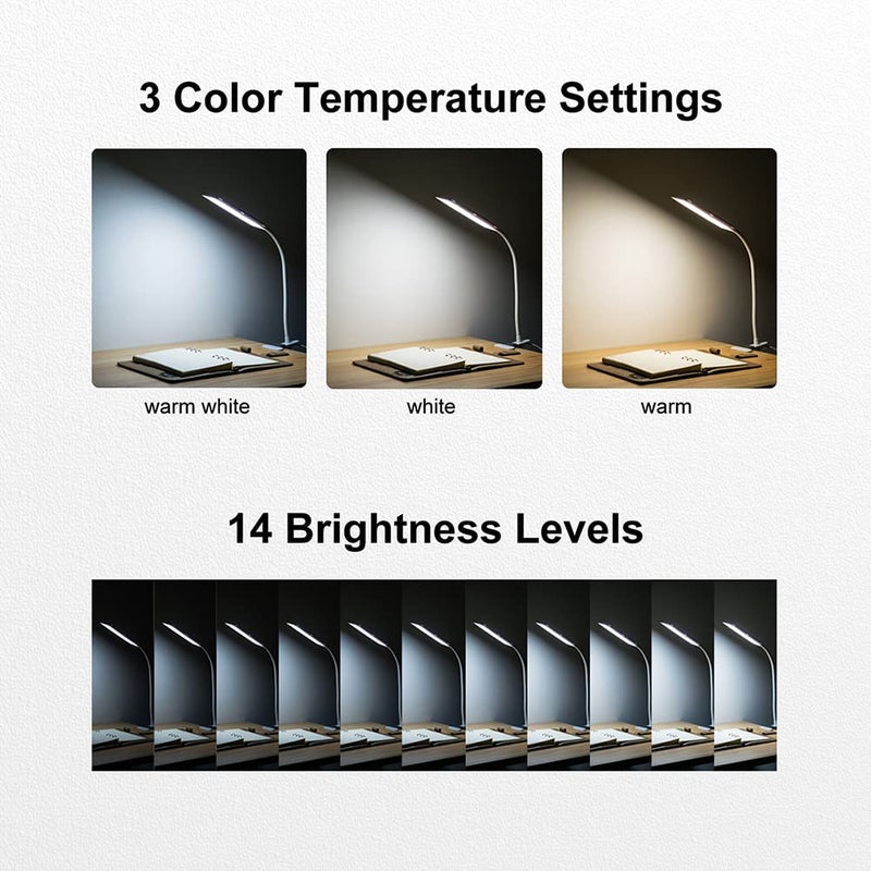 RAOYI LED Desk Lamp, 5W USB Clip on Light Eye-Caring Reading Clamp Table Lamp with 48 LEDs Flexible Neck, 3 Color Modes and 14 Brightness Levels for Office Bedroom Study (White) - Image 3